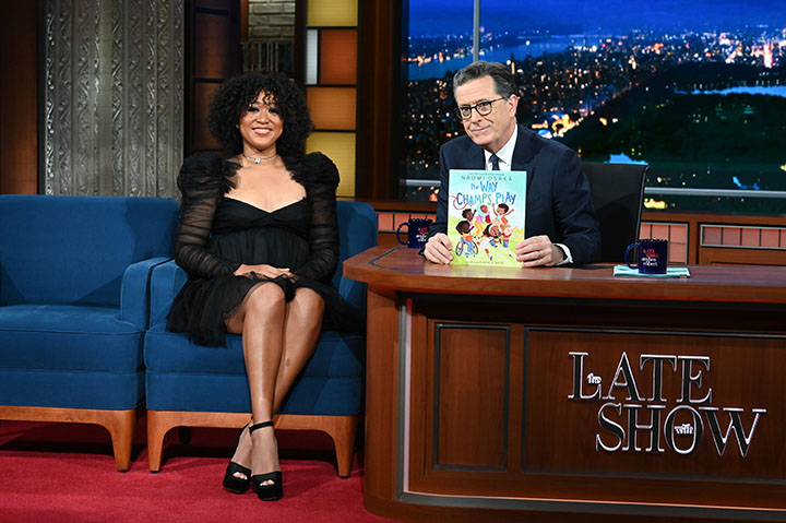 The Late Show with Stephen Colbert and guest Naomi Osaka during Monday’s December 5, 2022 show. Photo: Scott Kowalchyk/CBS ©2022 CBS Broadcasting Inc. All Rights Reserved.