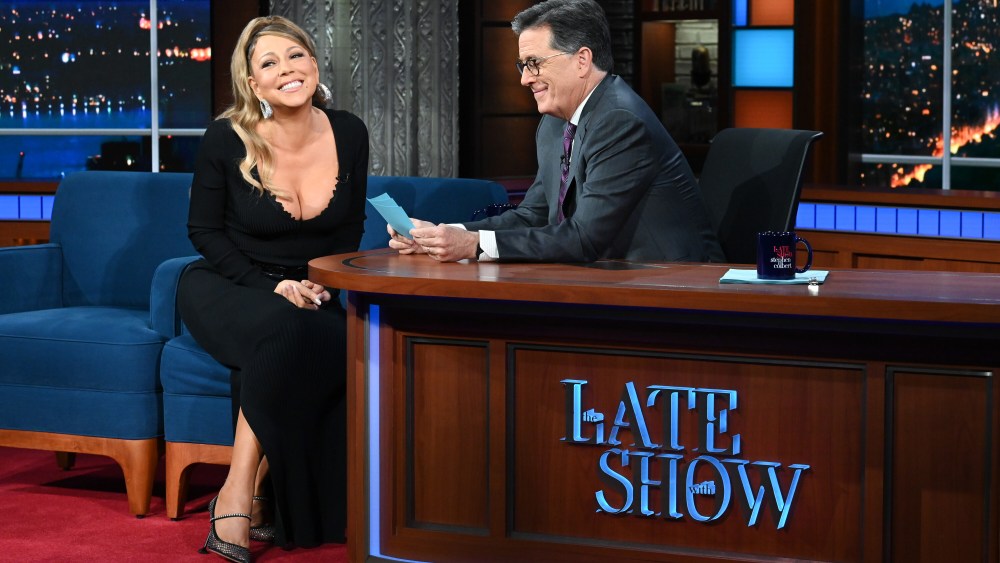 The Late Show with Stephen Colbert and guest Mariah Carey during Wednesday’s December 7, 2022 show. Photo: Scott Kowalchyk/CBS ©2022 CBS Broadcasting Inc. All Rights Reserved.