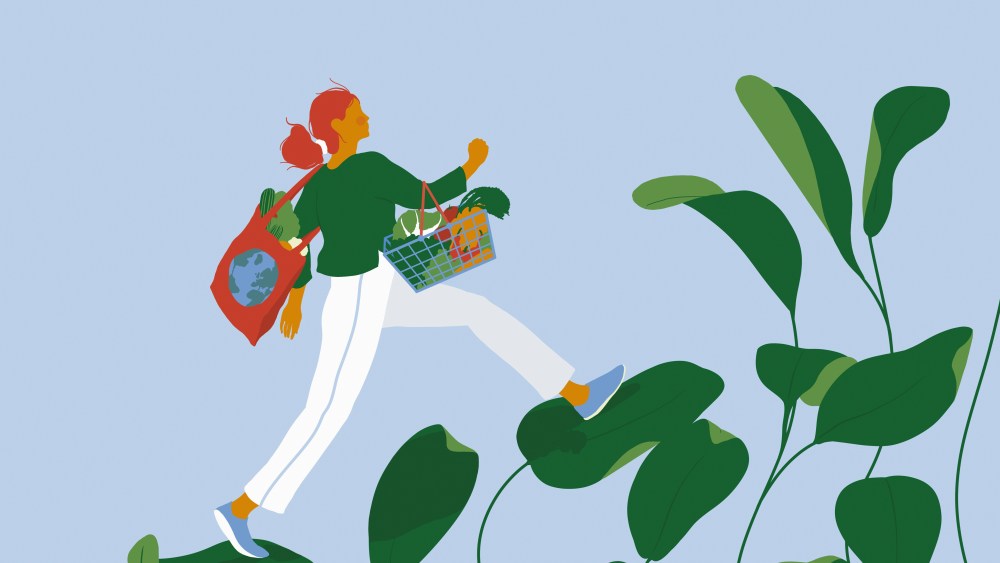 Ethical shopping illustration showing a shopper in green shirt and with eco tote bags climbing a staircase of green leaves with groceries in hand.
