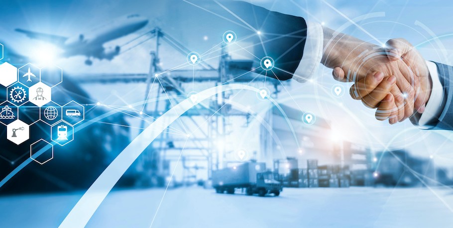 businessman handshake of business deal with logistic  and transportation global network distribution on industrial container terminal, export and import.