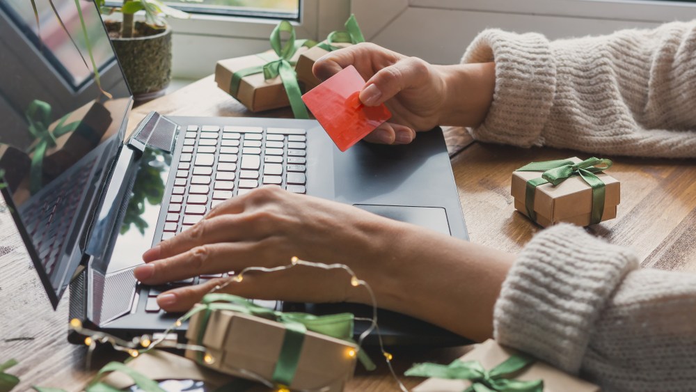 Christmas online shopping, sales and discounts promotions during the Christmas holidays, online shopping at home and lockdown coronavirus.Xmas