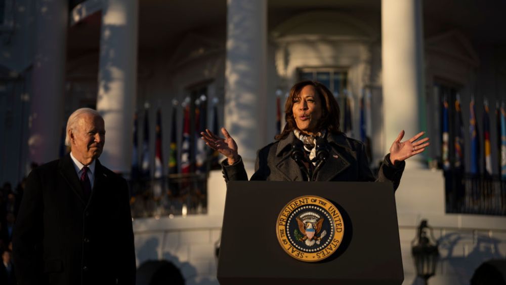 WASHINGTON, DC - DECEMBER 13: U.S. President Joe Biden looks on as Vice President Kamala Harris speaks during a signing ceremony for the Respect for Marriage Act on the South Lawn of the White House December 13, 2022 in Washington, DC. The Respect for Marriage Act will codify same-sex and interracial marriages. (Photo by Drew Angerer/Getty Images)