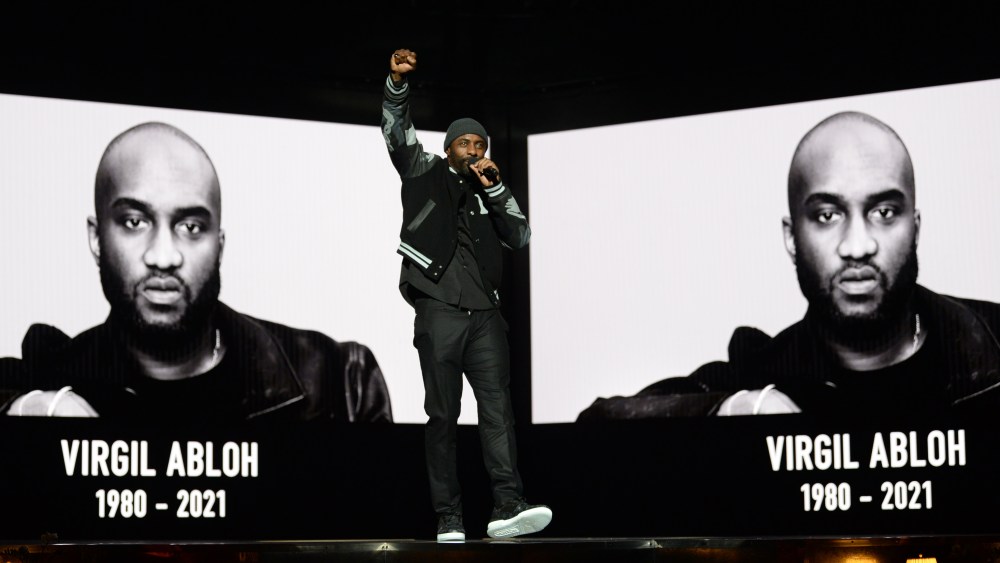 Idris Elba speaks during a tribute to Virgil Abloh on stage during The Fashion Awards 2021 at the Royal Albert Hall.
