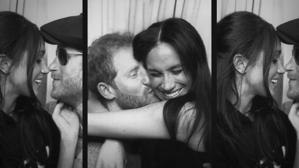 A series of three black-and-white photos showing Prince Harry and Meghan, The Duke and Duchess of Sussex seemingly lovingly embracing each other.