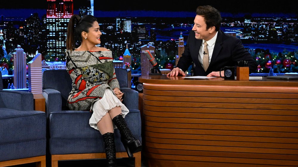 THE TONIGHT SHOW STARRING JIMMY FALLON -- Episode 1766 -- Pictured: (l-r) Actress Salma Hayek Pinault during an interview with host Jimmy Fallon on Wednesday, December 14, 2022 -- (Photo by: Todd Owyoung/NBC)