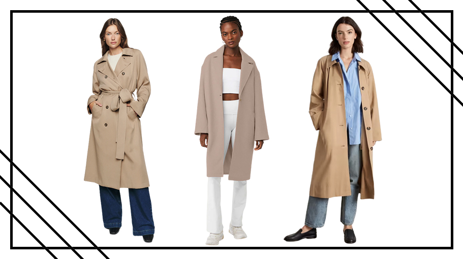 three models wearing the best trench coats for women from top brands