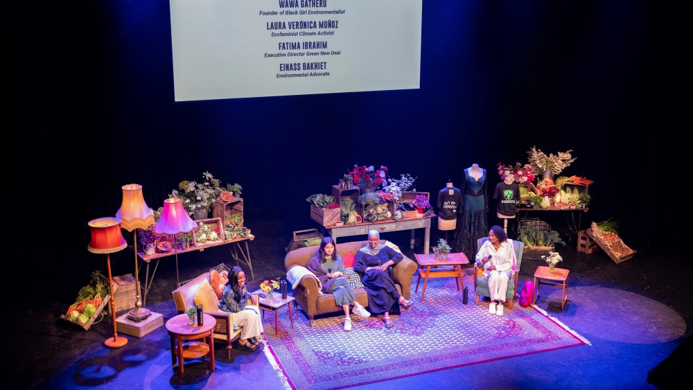 Fatima Ibrahim and Laura VerÛnica MuÒoz Ecofeminist Climate Activist &,Einass Bakhiet Environmental Advocate speak with Wawa Gatheru Founder, Black Girl Environmentalist . On the 10th June Overheated Live, kicked off with a panel event that took place in indigo at The O2 featuring introductions by Billie Eilish, FINNEAS, Maggie Baird and Ellie Goulding. Overheated, is a multi-day climate-focused event taking place at The O2 during Billie Eilish's Happier Than Ever, World Tour in collaboration with Support + Feed and REVERB that is bringing together activists, musicians and designers to discuss climate change and how to make a difference. (Photo by Bonnie Britain / SOPA Images/Sipa USA)(Sipa via AP Images)