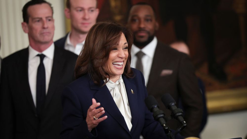 Vice President Kamala Harris pussybow blouse speaks during a ceremony honoring the Golden State Warriors in the White House on Jan. 17 in Washington, DC.