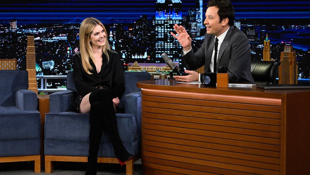 THE TONIGHT SHOW STARRING JIMMY FALLON -- Episode 1775 -- Pictured: (l-r) Actress Meghann Fahy during an interview with host Jimmy Fallon on Wednesday, January 11, 2023 -- (Photo by: Todd Owyoung/NBC)
