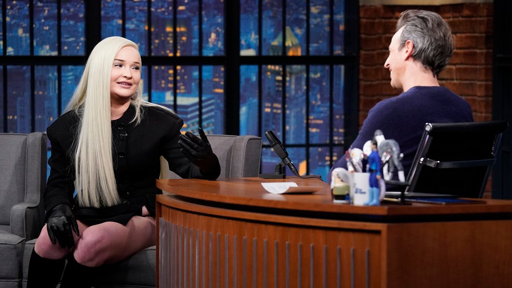 LATE NIGHT WITH SETH MEYERS -- Episode 1381 -- Pictured: (l-r) Singer Kim Petras during an interview with host Seth Meyers on January 23, 2023 -- (Photo by: Lloyd Bishop/NBC)