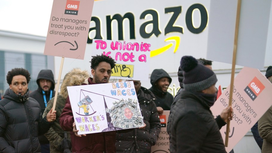 Members of the GMB union during a Jan. 25, 2023 rally outside the Amazon fulfillment centre in Coventry as Amazon workers are staging their first ever strike in the UK in a dispute over pay.