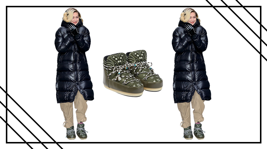 Gigi Hadid seen in Alanui x Moonboot on sale lead art