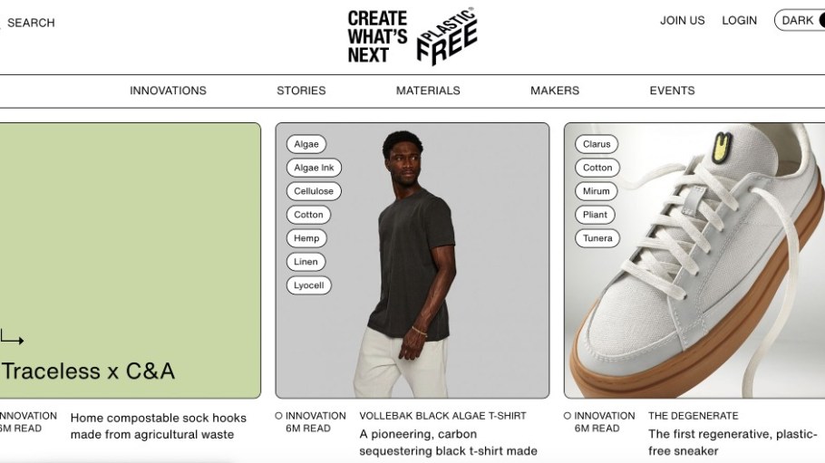 The platform features case studies and material profiles.