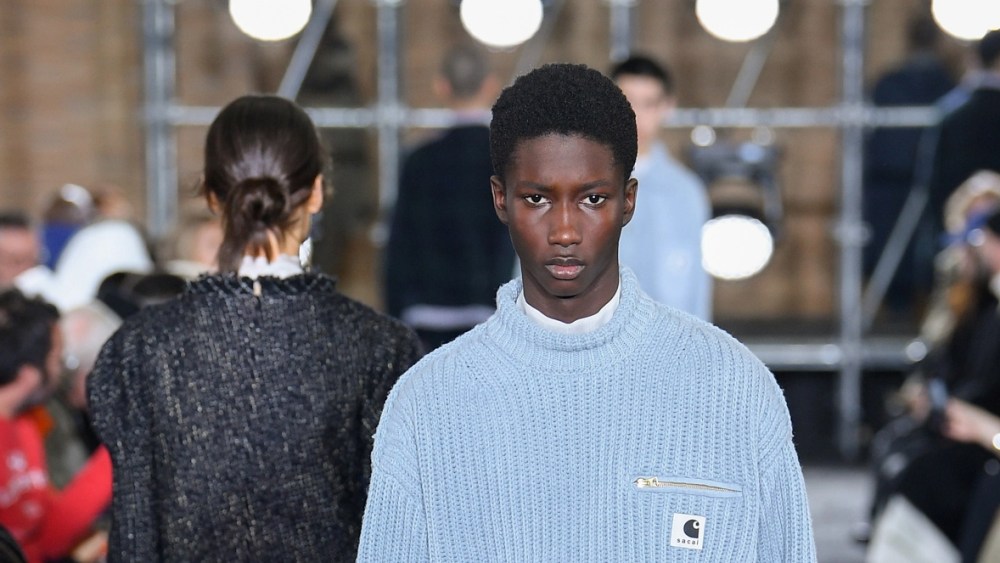carhartt x sacai collaboration, PARIS, FRANCE - JANUARY 22: A model walks the runway during the Marine Serre Ready to Wear Fall/Winter 2023-2024 fashion show as part of the Paris Men Fashion Week on January 22, 2023 in Paris, France. (Photo by Victor VIRGILE/Gamma-Rapho via Getty Images)