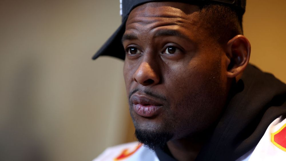 SCOTTSDALE, ARIZONA - FEBRUARY 09: JuJu Smith-Schuster #9 of the Kansas City Chiefs speaks to the media during the Kansas City Chiefs media availability prior to Super Bowl LVII at the Hyatt Regency Gainey Ranch on February 09, 2023 in Scottsdale, Arizona. (Photo by Christian Petersen/Getty Images)