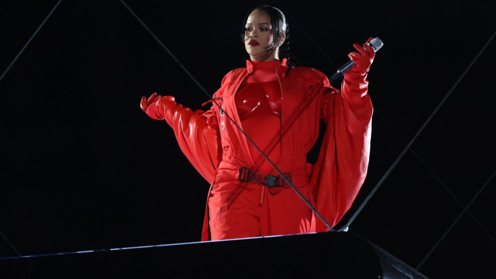 GLENDALE, ARIZONA - FEBRUARY 12: Rihanna performs onstage during the Apple Music Super Bowl LVII Halftime Show at State Farm Stadium on February 12, 2023 in Glendale, Arizona. (Photo by Ezra Shaw/Getty Images)