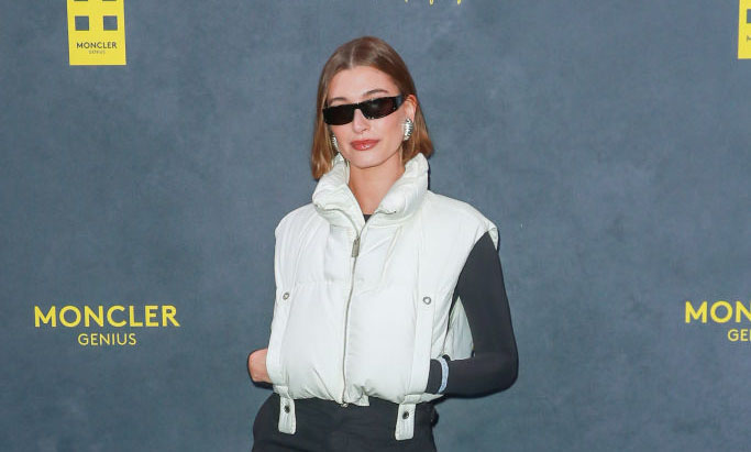 Hailey Bieber at the Moncler Genius "The Art of Genius" event on Feb. 20 in London.