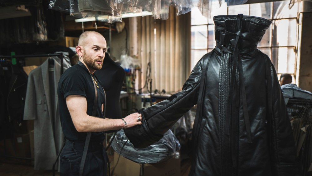 British designer Patrick McDowell checks the fit for a garment using Evolved by Nature's Activated Silk L1 finish.