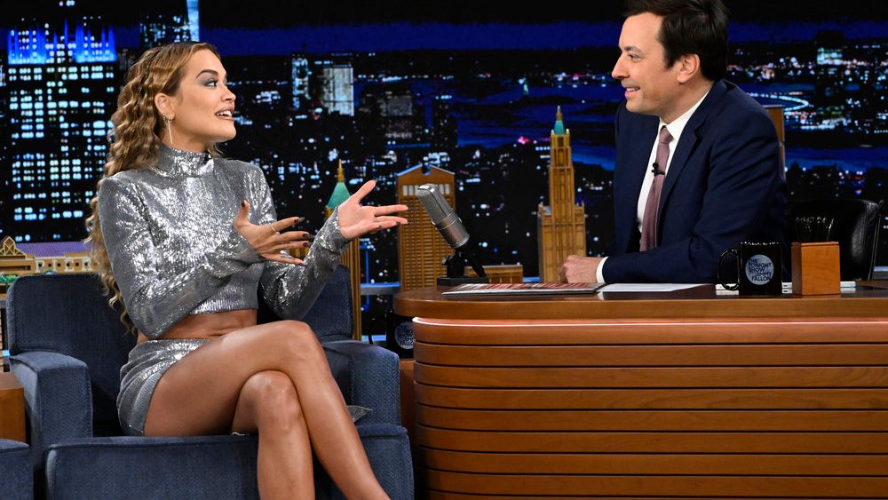 THE TONIGHT SHOW STARRING JIMMY FALLON -- Episode 1790 -- Pictured: (l-r) Singer-songwriter Rita Ora during an interview with host Jimmy Fallon on Wednesday, February 1, 2023 -- (Photo by: Todd Owyoung/NBC)