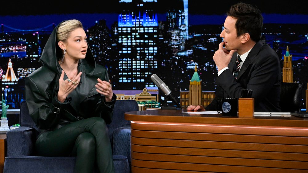 THE TONIGHT SHOW STARRING JIMMY FALLON -- Episode 1803 -- Pictured: (l-r) Model Gigi Hadid during an interview with host Jimmy Fallon on Monday, February 27, 2023 -- (Photo by: Todd Owyoung/NBC)