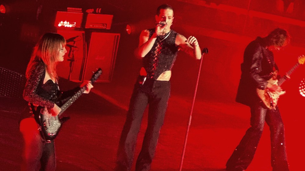 Måneskin on-stage in Florence, Italy donning custom looks by Julfer.