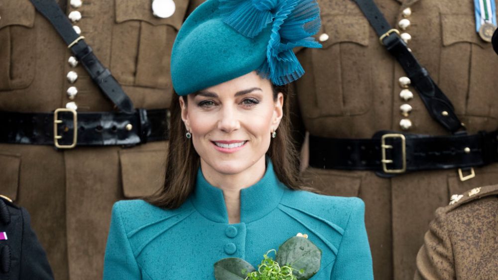 ALDERSHOT, ENGLAND - MARCH 17: Catherine, Princess of Wales attends the 2023 St. Patrick's Day Parade at Mons Barracks on March 17, 2023 in Aldershot, England. (Photo by UK Press Pool/UK Press via Getty Images )