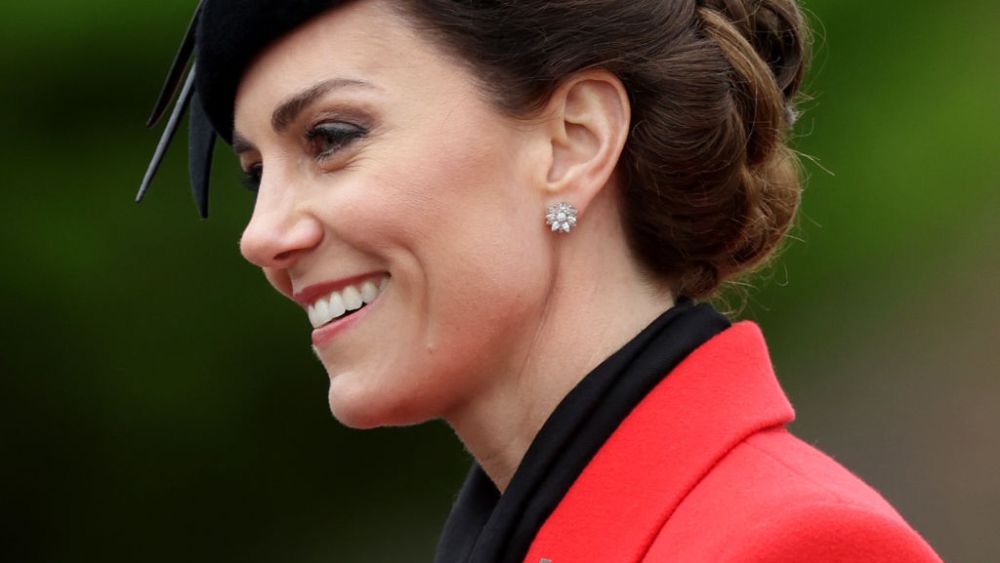 WINDSOR, ENGLAND - MARCH 01: Catherine, Princess of Wales smiles during a visit to the 1st Battalion Welsh Guards at Combermere Barracks for the St David’s Day Parade on March 01, 2023 in Windsor, England. (Photo by Chris Jackson/Getty Images)