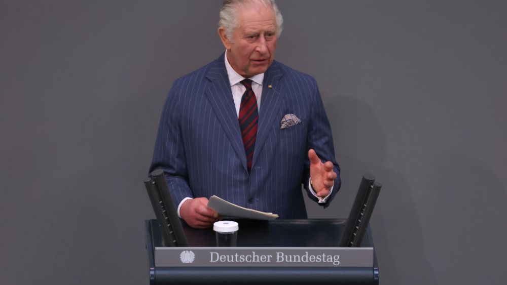 King Charles III speaks on stage at the German Bundestag on March 30, 2023 in Berlin, as part of his first state visit to Germany as monarch.