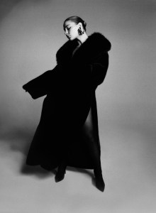 Adrienne Landau Quartz’s poly faux fur coat. Wolford tights; Givenchy gloves; Manolo Blahnik shoes; Saint Laurent earrings.