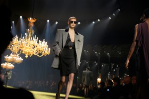 Model.. at Saint Laurent Fall 2023 Ready To Wear Runway Show on February 28, 2023 in Paris, France.