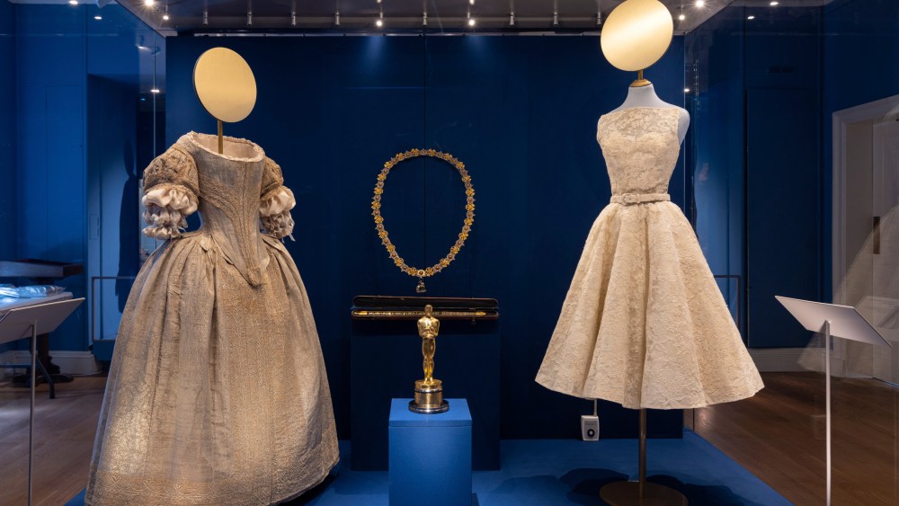 A dress by Edith Head for the film "Roman Holiday," altered by Givenchy for the Oscars in 1954 and worn by Audrey Hepburn. Part of the "Crown to Couture" show at Kensington Palace.
