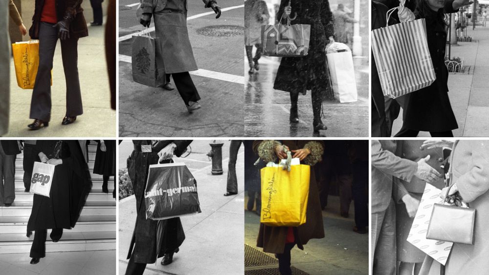 Clockwise from left: 1, Bloomingdale’s bag in 1972. 
2, New York shopping bag, 1972. 
3, A printed shopping bag in snowstorm,1972. 
4, Jackie Onassis arrives home with shopping bag. 
5, Kirk Douglas greets a woman outside La Grenouille in New York City, 1966. 
6, Another Bloomingdale’s bag in 1972. 
7, Saint-Germain shopping bag, 1972. 
8, Gap bag in 1975, Photo by Michel Maurou/WWD.  

Photos 1, 2, 3, 6, 7 by Fairchild Archive/Penske Media via Getty Images. Photo 4 by Nick Machalaba/WWD. Photo 5 by Tony Palmieri/WWD.