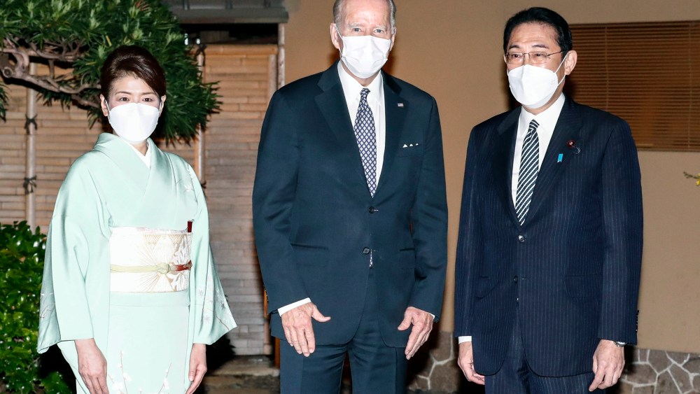 President Joe Biden is welcomed by Japanese Prime Minister Fumio Kishida and his wife Yuko prior to their dinner at Happo-en on May 23, 2022 in Tokyo, Japan.