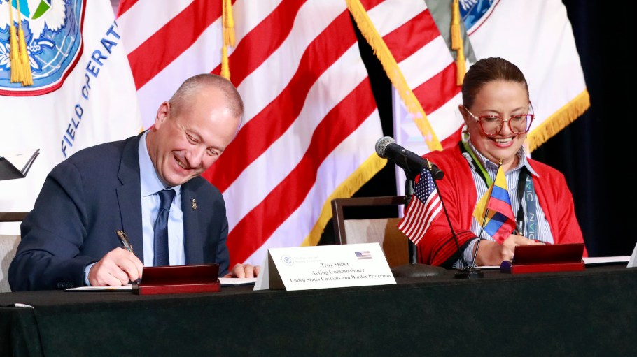 Acting commissioner Troy A. Miller (left) and Ingrid M. Diaz Rincon, director for the Direccion de Impuestos y Aduanas Nacionales de Colombia.