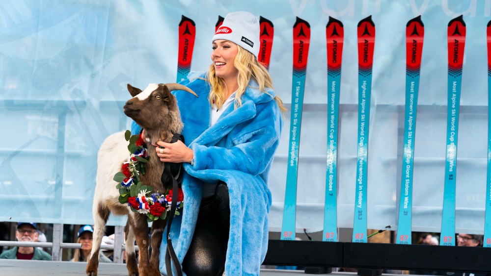Mikeala Shiffrin with a goat.
