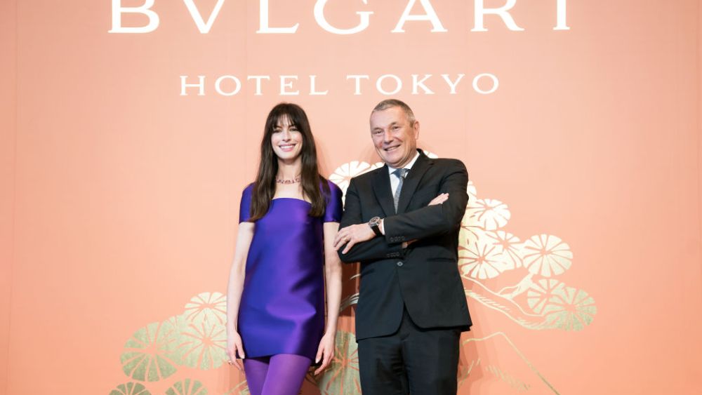 Anne Hathaway and Bvlgari Group CEO Jean-Christophe Babin at a press conference for Bulgari's Hotel opening on April 4 in Tokyo.