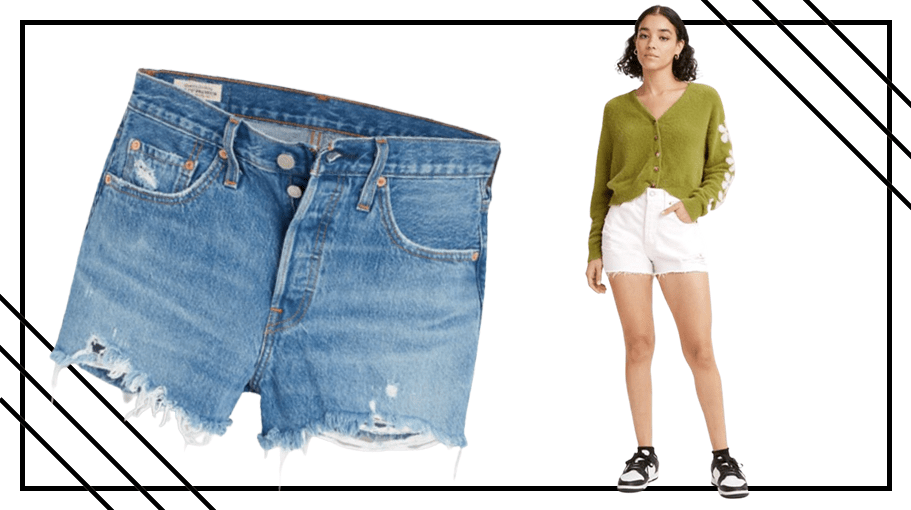 jean shorts; woman in white jean shorts and green sweater