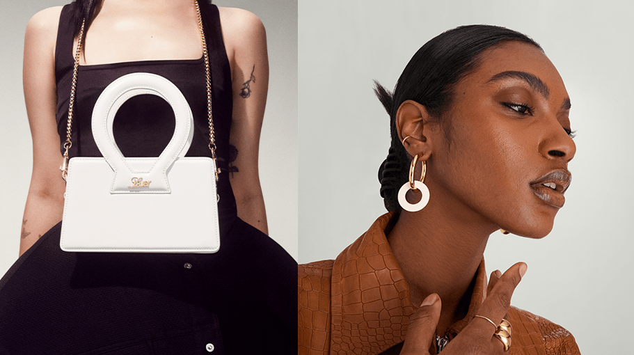 white handbag with gold chain; woman wearing god and white hoop chain earrings