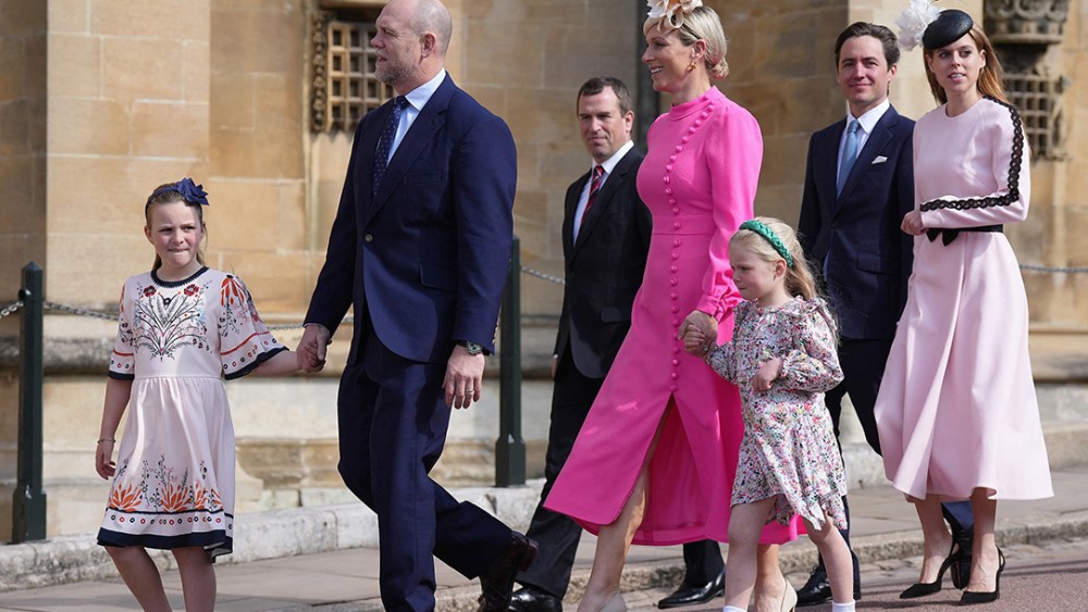Members of The Royal Family attend the Easter Mattins Service at St. Georges Chapel, Windsor Castle on Easter Sunday in Windsor, Berkshire, UK, on the 9th April 2023. 09 Apr 2023 Pictured: Lia Tindall, Mike Tindall, Zara Tindall, Lena Tindall, Edoardo Mapelli Mozzi, Princess Beatrice. Photo credit: James Whatling / MEGA TheMegaAgency.com +1 888 505 6342 (Mega Agency TagID: MEGA967376_012.jpg) [Photo via Mega Agency]