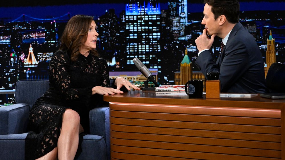 THE TONIGHT SHOW STARRING JIMMY FALLON -- Episode 1831 -- Pictured: (l-r) Actress Molly Shannon during an interview with host Jimmy Fallon on Thursday, April 6, 2023 -- (Photo by: Todd Owyoung/NBC)