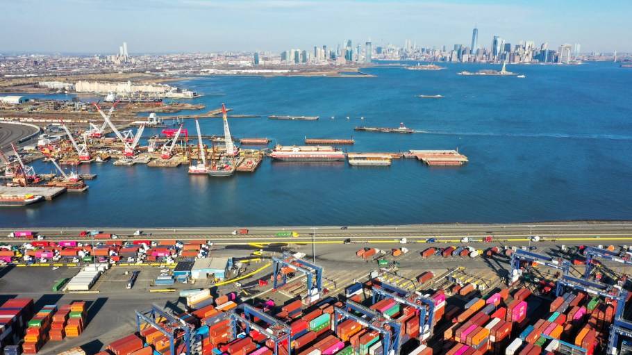 An aerial view of big rigs are seen at the Port Jersey Marine Terminal in Jersey City, New Jersey.