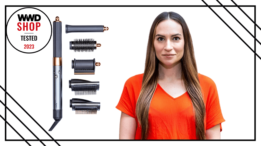 Dyson Air Wrap Multi-Styler with attachments and after photos of editor who tested the hair tool