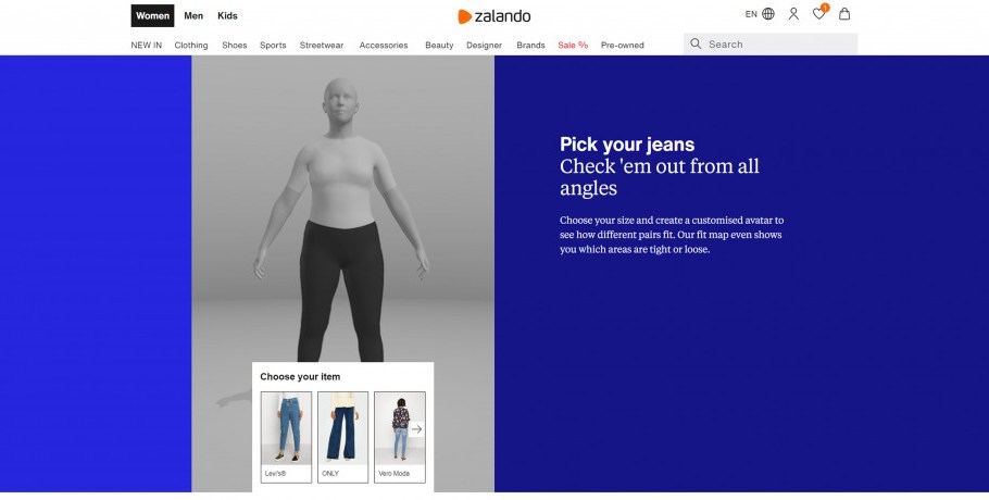 Berlin-based Zalando introduced a new virtual fitting room experience for jean shopping across all markets with the goal to help consumers find the best fitting jeans and to mitigate online returns.