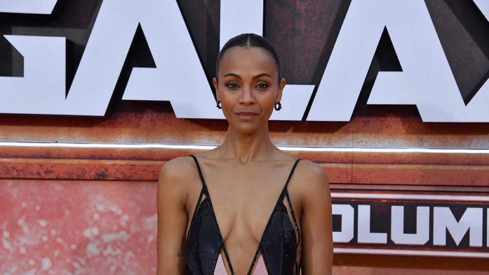 A close-up of Actress Zoe Saldana in Armani Privé SS23 Couture at 2023 guardians of the galaxy premiere