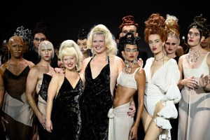 SYDNEY, AUSTRALIA - MAY 18: Designers Katie-Louise and Timothy Nicol-Ford thank the audience following the Nicol & Ford show during Afterpay Australian Fashion Week 2023 at Carriageworks on May 18, 2023 in Sydney, Australia. (Photo by Stefan Gosatti/Getty Images for AAFW)