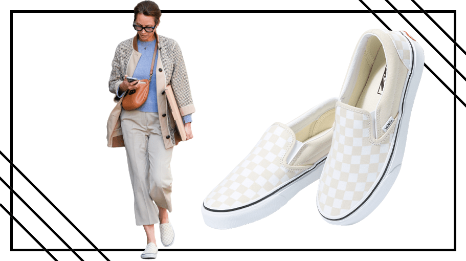 Christy Turlington wearing Vans Checkerboard Classic Slip-On Shoes in Turtledove/True White colorway