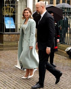 Ukraine's First Lady Olena Zelenska and Ukraine's Prime Minister Denys Shmyhal arrive at Westminster Abbey in central London on May 6, 2023, ahead of the coronations of Britain's King Charles III and Britain's Camilla, Queen Consort. - The set-piece coronation is the first in Britain in 70 years, and only the second in history to be televised. Charles will be the 40th reigning monarch to be crowned at the central London church since King William I in 1066. Outside the UK, he is also king of 14 other Commonwealth countries, including Australia, Canada and New Zealand. Camilla, his second wife, will be crowned queen alongside him, and be known as Queen Camilla after the ceremony. (Photo by Andrew Milligan / POOL / AFP) (Photo by ANDREW MILLIGAN/POOL/AFP via Getty Images)