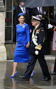 Sweden's King Carl XVI Gustaf and Crown Princess Victoria arrive at Westminster Abbey in central London on May 6, 2023, ahead of the coronations of Britain's King Charles III and Britain's Camilla, Queen Consort. - The set-piece coronation is the first in Britain in 70 years, and only the second in history to be televised. Charles will be the 40th reigning monarch to be crowned at the central London church since King William I in 1066. Outside the UK, he is also king of 14 other Commonwealth countries, including Australia, Canada and New Zealand. Camilla, his second wife, will be crowned queen alongside him, and be known as Queen Camilla after the ceremony. (Photo by TOBY MELVILLE / POOL / AFP) (Photo by TOBY MELVILLE/POOL/AFP via Getty Images)
