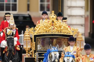 King Charles III and Queen Camilla are carried in the Diamond Jubilee State Coach in The King's Procession from Buckingham Palace to their coronation ceremony London. Picture date: Saturday May 6, 2023. (Photo by Owen Humphreys/PA Images via Getty Images)