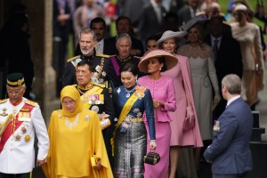 King Felipe VI and Queen Letizia of Spain (centre) arriving ahead of the coronation ceremony of King Charles III and Queen Camilla at Westminster Abbey, central London. Picture date: Saturday May 6, 2023. (Photo by Jacob King/PA Images via Getty Images)